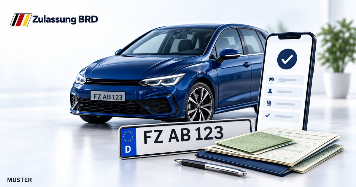 Online Fahrzeugzulassung in Melsungen: Musterkennzeichen FZ AB 123, Auto und Fahrzeugpapiere und Smartphone. Illustration mit Logo von Zulassung BRD.